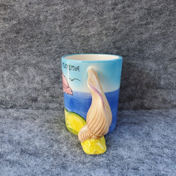Vintage Florida Flamingo Ceramic Mug With Unique Seashell Handle From The 1980's - Picture 2 of 9